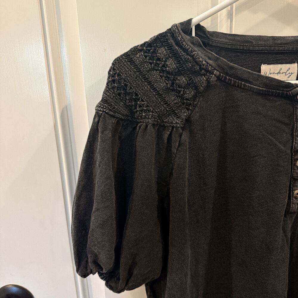 Wonderly Black Embroidered Button Front Cotton Knit Long Sleeve Blouse Medium - Picture 2 of 6